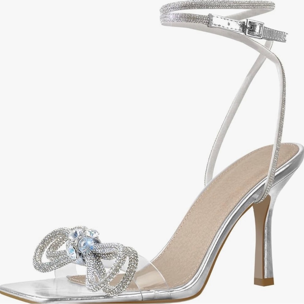 Elegant Silver Strappy Heels with Rhinestone Bow